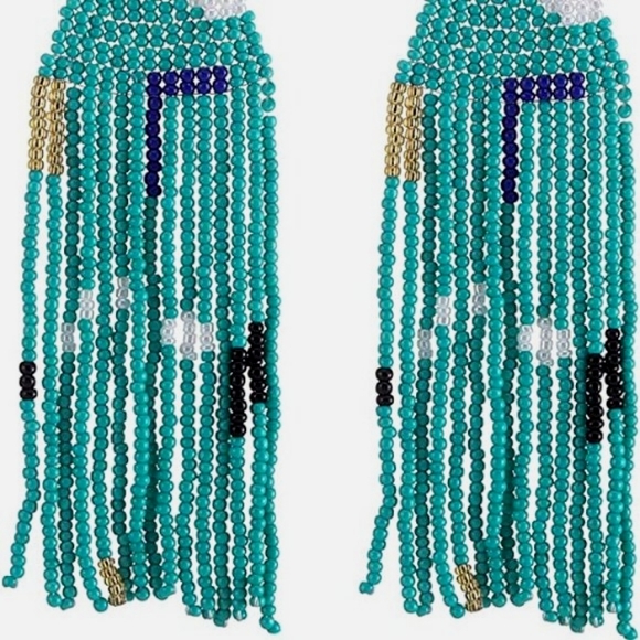 Long 5" Multicolor Abstract Turquoise Handmade Beaded Oversized Boho Earrings - Picture 4 of 6